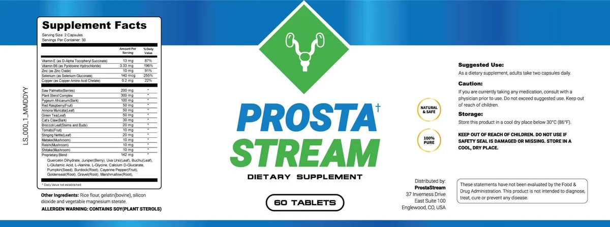 ProstaStream ingredients — saw palmetto, pygeum, beta-sitosterol and mushroom blend